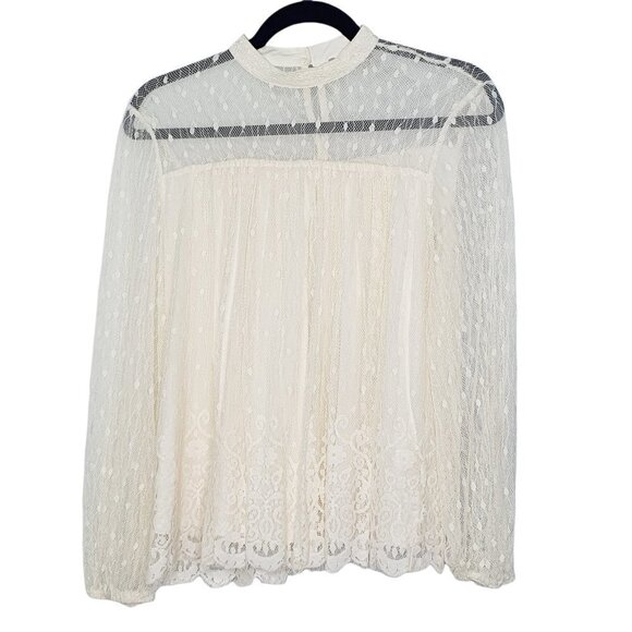 Altar'd State Smocked High Neck Sheer Lace Long Sleeve Top Ivory Size Small - Picture 1 of 8